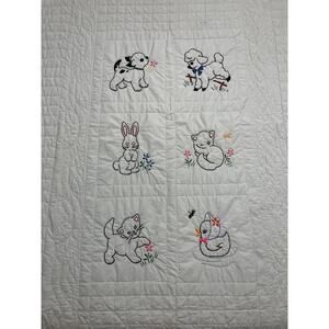 Hand Embroidered Quilt Childrens Mint Green Mid Century Baby Animals 38x68